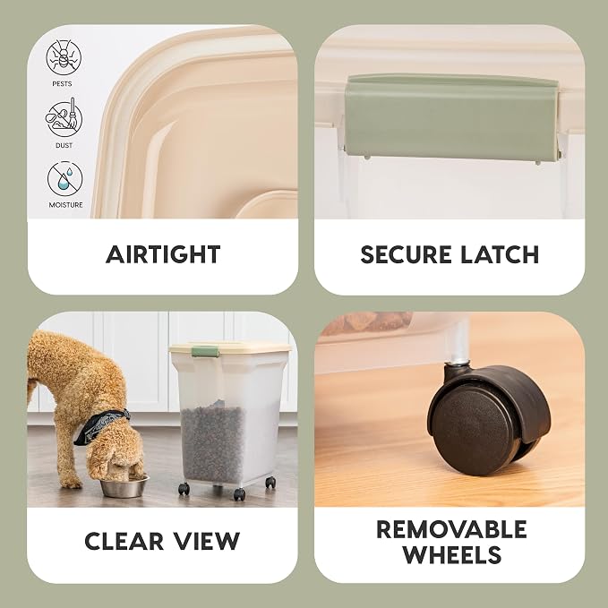 IRIS USA Dog Food Storage Container, Up to 58 lbs, Almond, Made in USA | Wheels for Mobility, Airtight Seal, BPA-Free, Best for Bird Seed, Cat food, Cat Litter, Chicken Feed, Pellets