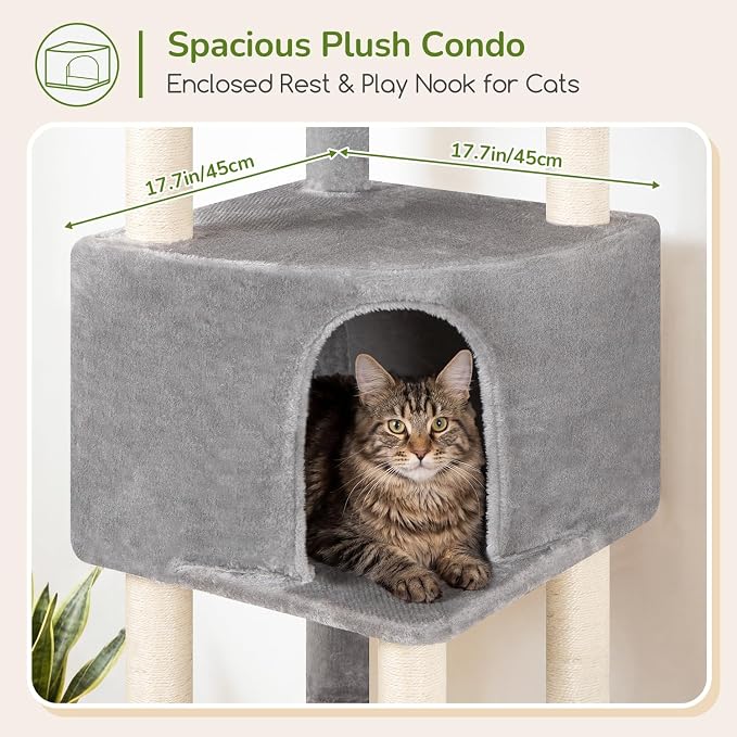 Globlazer F65D Corner Cat Tree Tower with Scratching Posts, Light Grey | 65in Multi-Level Large Cat Scratching Tower with Hammock, 6 Scratching Posts, Basket and 2 Perches for Indoor Multiple Cats
