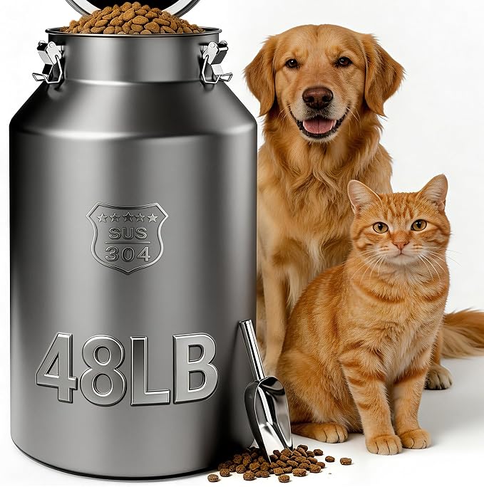 IPOW 48 lb Large 304 Stainless Steel Dog Food Bin with Airtight Lid, Pet Food Container for Dogs & Cats, Keep Fresh, Easy to Clean
