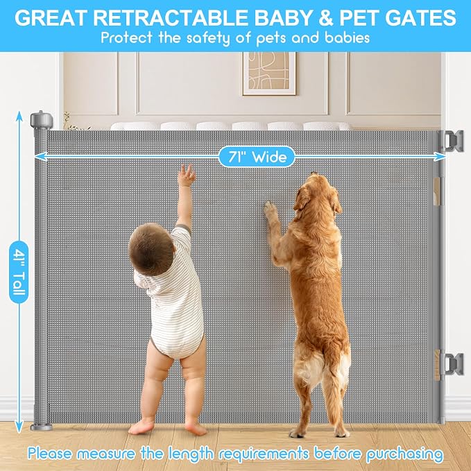 71 Inch Retractable Baby Gates Extra Wide, 41 Inch Reinforced Extra Tall Mesh Safety Gate for Kids Pets, Retractable Dog Gate Baby Retractable Gate for Stair Hallways Doorway Indoor Outdoor, Gray