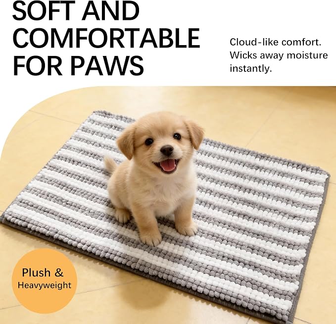 Dog Door Mat for Muddy Paws - Absorbent Quick-Dry Non-Slip Washable Chenille Pet Rug, Indoor Entryway Mat for Front Door & Crate (Gray, 24" L*16" W)