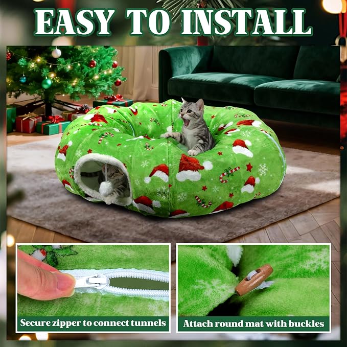 Christmas Cat Tunnel Tree Skirt – Warm Flannel Donut Tunnel Bed with Soft Cushion & Hanging Ball Toy, Peekaboo Cat Cave Under Tree for Indoor Cats to Prevent Christmas Tree Falling, Festive Green