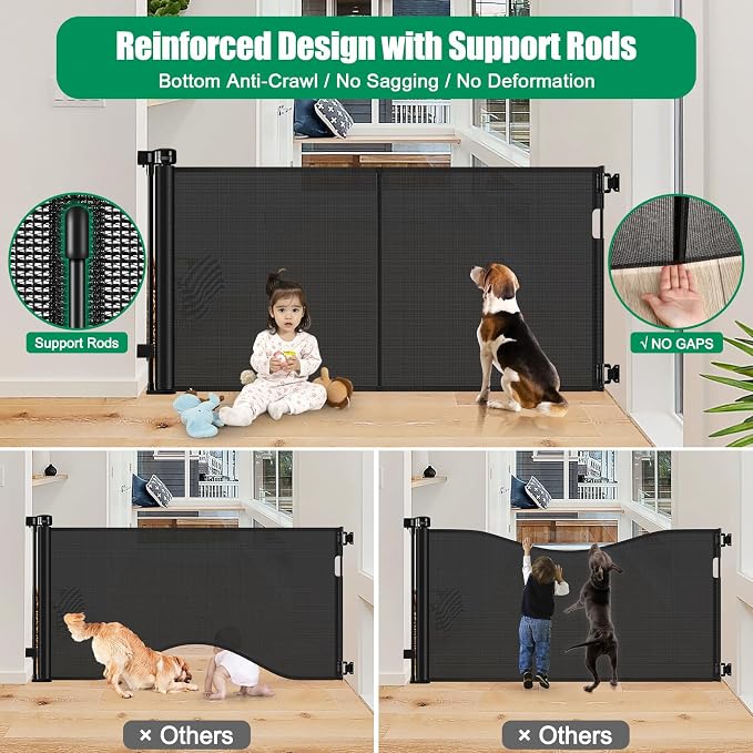 Reinforced 50" Wide Retractable Baby Gate Retractable Dog Gate with Support Rods - Anti-Bottom Crawl, Mesh Gate Retractable Gate Outdoor Retractable Pet Gate Indoor Doorway/Hallway/Stair Gate, Black