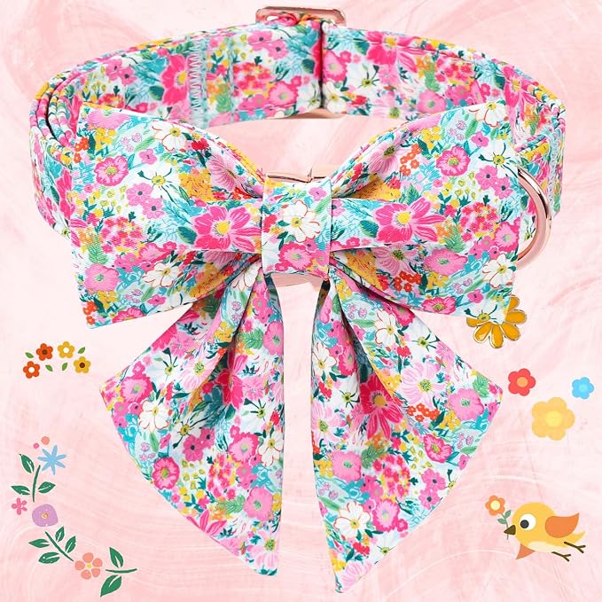 Floral Dog Collar for Girl Dogs, Spring Summer Pink Flower Dog Collar with Bowtie- Adjustable Female Sailor Bow Dog Collar for Small Dogs S