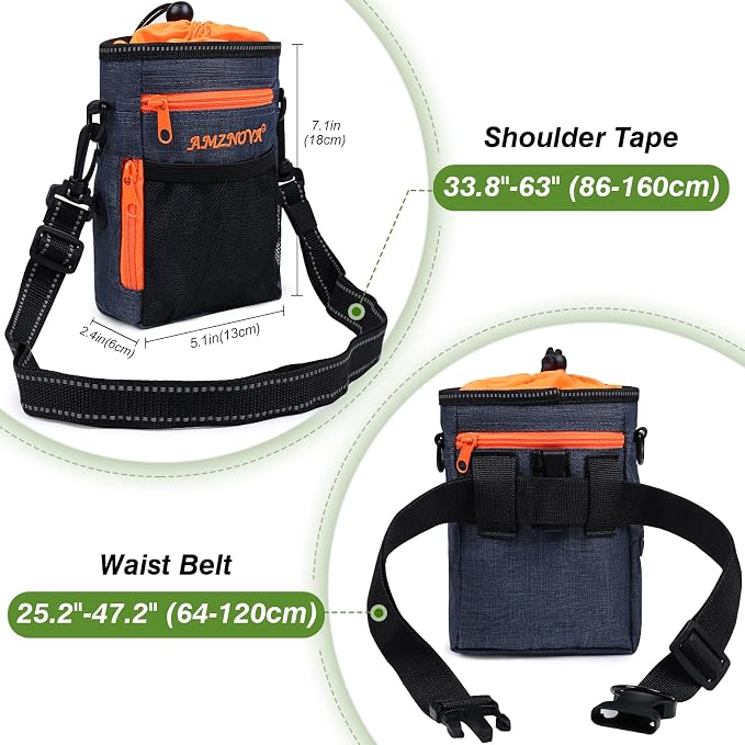 AMZNOVA Dog Treat Pouch Treatnow Dog Treat Bag, 6 Cups, Heather Navy | Training Pouch with Waist Belt & Clicker for Training & Walking, Waist Clip On Snack Fanny Pack for Pet