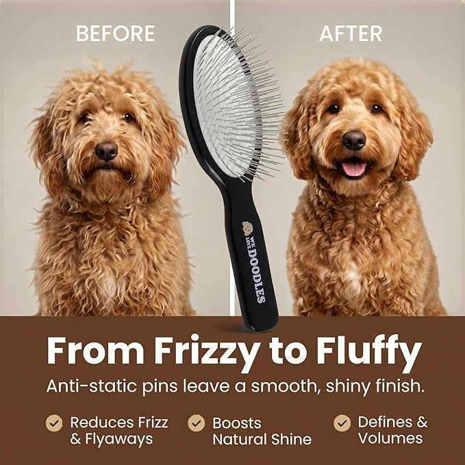 We Love Doodles Pin Brush for Dogs, Pet Grooming Detangler Pin Dog Brush, Dog Brush for Shedding and Removing Loose Fur, Lightweight Beech Wood (Silver Pins)