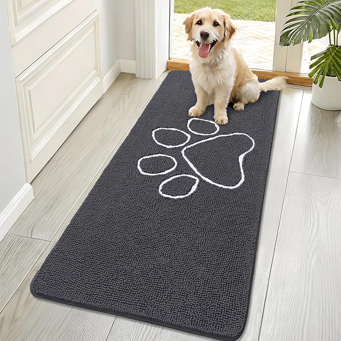 OLANLY Dog Door Mat for Muddy Paws 70x32, Paw Print Design Chenille Mud Mat | Dark Grey, Absorbent, Traps Moisture and Dirt, Non-Slip Washable Doormat, Quick-Drying Indoor Entryway Floor Carpet for Dogs