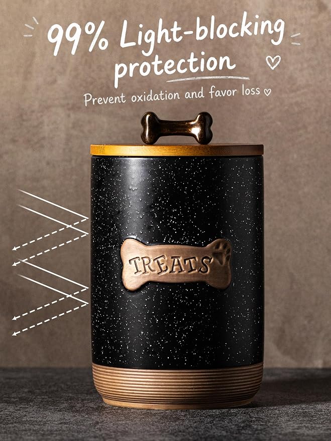 Miamolo Dog Treat Container Airtight Ceramic Dog Treat Jar with Wooden Lid, 8 Cups Dog Food Storage Container for Countertop, Decorative Dog Cookie Jar Canister with Handle - Bone Dotted Black