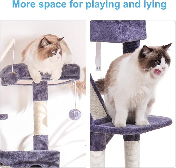 Hey-brother Cat Tree Tower with Padded Platform Bed, Toy Balls, MPJ019G | 61 Inches Cat House with Large Cozy Condo, Plush Hammocks and Sisal Scratching Posts for Indoor Multi-Cats, Smoky Gray