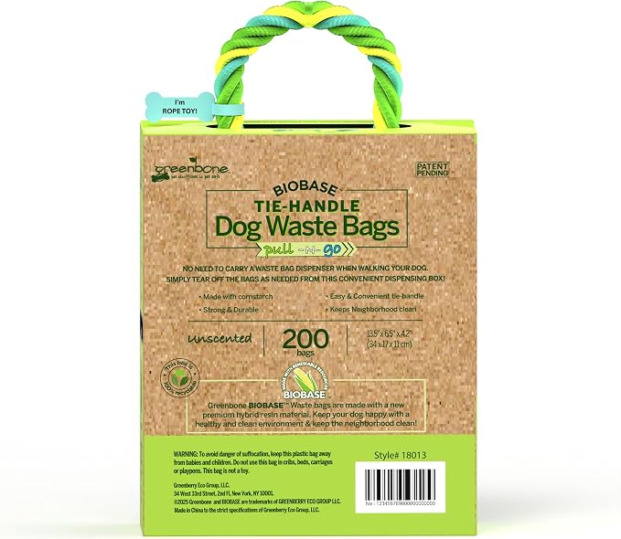 Greenbone Poop Bags for Dogs with Handles Unscented with Bonus Rope Pet Toy, 200 Count on Single Roll, Plant Based