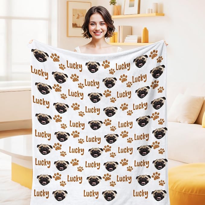 Personalized Dog Mom Gift - Custom Photo Blanket with Name & Face, Soft Fleece Pet Memorial Throw for Couch, Multiple Sizes