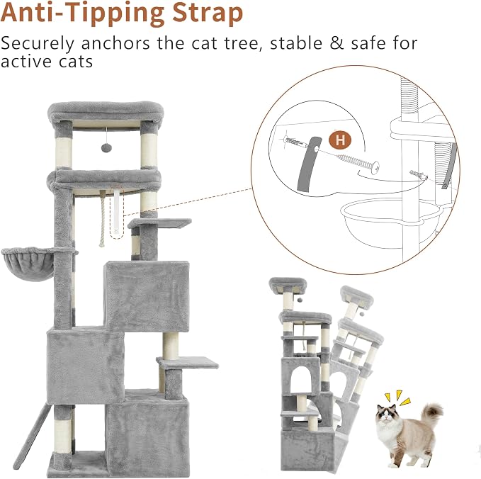 Heybly Cat Tree, 74-Inch Streamlined Cat Tower for Large Cats HCT061W | Cat Furniture with 3-Tier Stacked Condos, Large Perch, Sturdy Base, Full Sisal Scratching Posts & Ramp, Light Gray