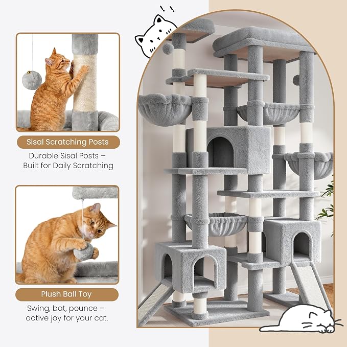 Sha Cerlin 87 in Multi-Level Tall Cat Tree Tower for Large Cats/Extra Wide Feline Activity Center/Sisal Scratching Posts/Wide Base/Cozy Plush Perches/Baskets/Hammocks/Toy Balls/Grey