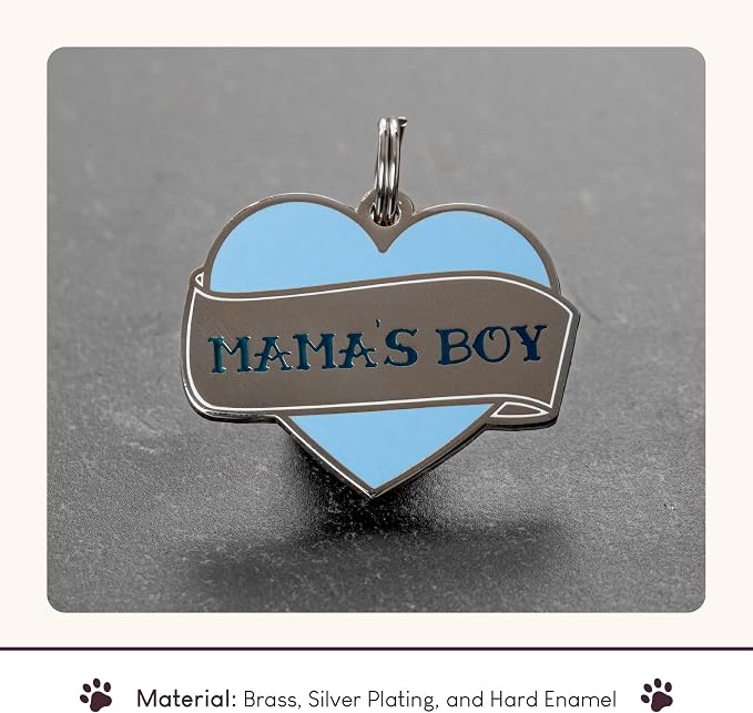 Two Tails Pet Company Personalized 'Mama's Boy' Pet ID Tag - Custom Engraved Dog Tags for Pets - Durable Brass, Silver Plating, Free Engraving for Dog's Name, Perfect for Dog Collars & Leashes