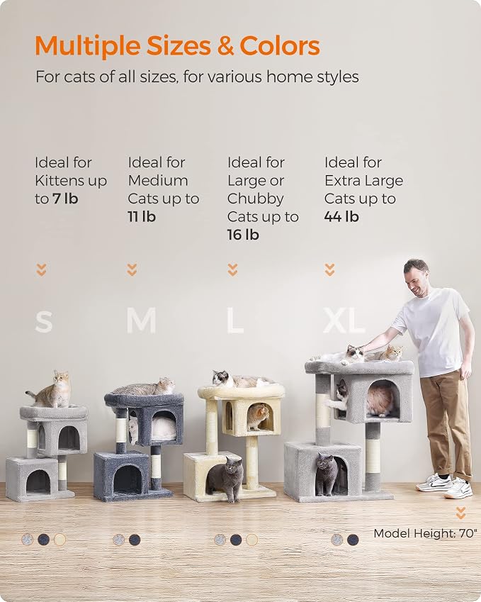 Feandrea Cat Tree, 33.1-Inch Cat Tower, Plush Condo for Large Cats up to 16 lb, Large Perch, 2 Caves, Scratching Post, Smoky Gray UPCT61G