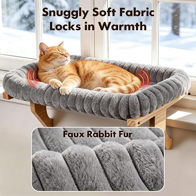 Zoratoo Cloud-Cuddle Cat Perch for Window Sill with Zipper Cushion, L Gray | 24.4’’x18’’, Removable for Machine Wash, Fluffy Plush Bolster, Sturdy Metal Frame for Large Cats up to 40lbs, Easy to Adjust