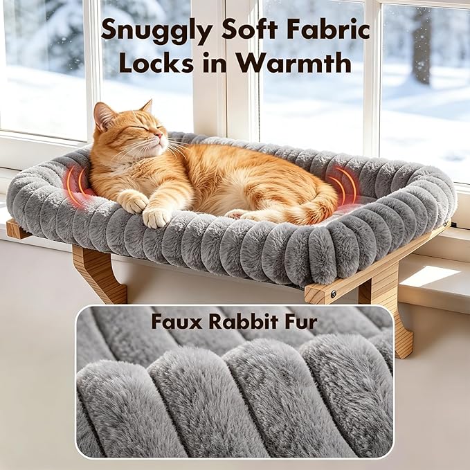 Zoratoo Cloud-Cuddle Cat Perch for Window Sill with Zipper Cushion, M Gray | 21.7’’x18’’, Removable for Machine Wash, Fluffy Plush Bolster, Sturdy Metal Frame for Large Cats up to 40lbs, Easy to Adjust