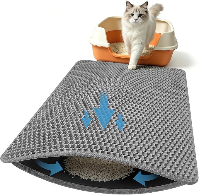 Honeycomb Cat Litter Mat, Double Layer, 23.4"x14.7", Gray | Durable Cat litter box mat, ultra-soft BPA-free non-toxic EVA, non-slip urine-proof base, easy-clean, washable, traps litter