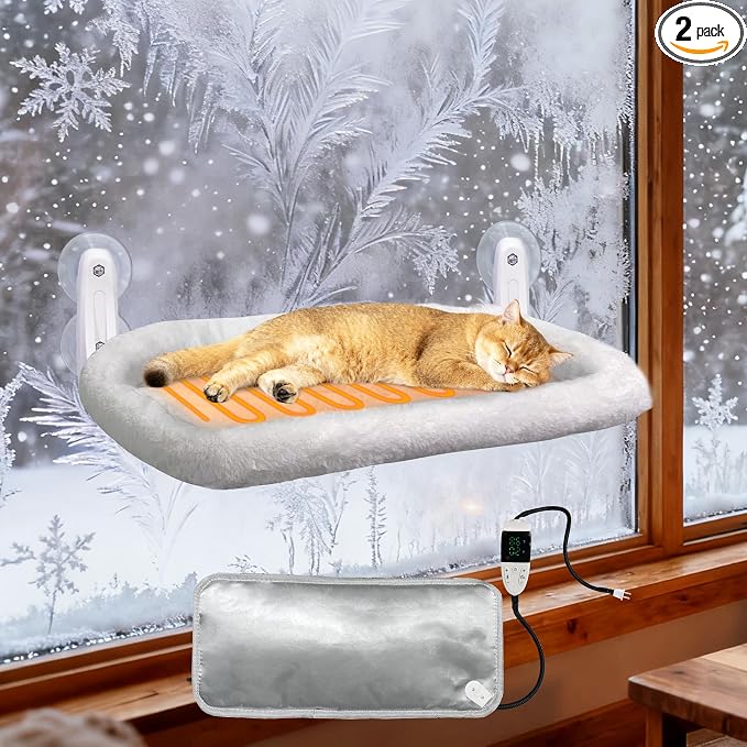 L&W BROS. 2PC Cat Heated Window Perches with Adjustable Thermostat & Timer – Dual Hammocks with Strong Suction Cups, Easy-to-Clean Warm Beds for Multi-Cat Homes, Holds Up to 50lbs Each (M 2PC)
