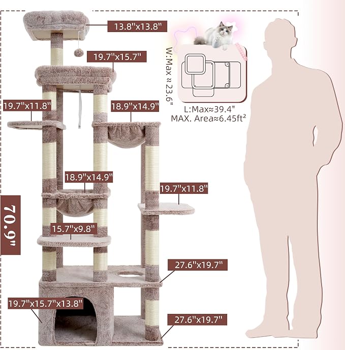 Heybly Cat Tree, 71-Inch Tall Cat Tower for Large Maine Coon Cats HCT037MU | Cat Condo Furniture with Extra-Large Baseboard, Multi-Level Platforms, 2 Hammocks and 12 Scratching Posts, Rosy Brown