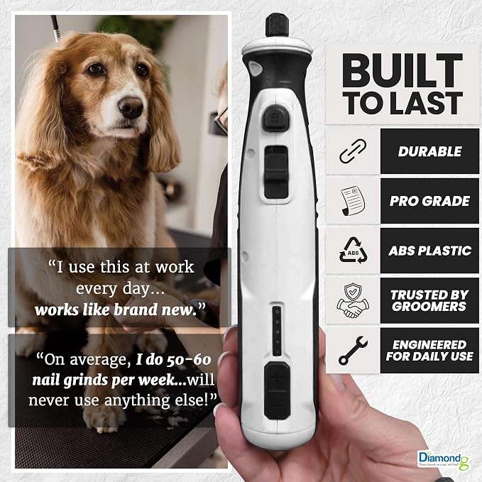 Diamondg Cordless Dog Nail Grinder - Quiet Sound with LED Light, White | 5-Speed Rechargeable Pet Nail Trimmer for Small & Large Dogs, USB-C Charging, 4hrs. Runtime, Painless Dog Nail Grinding Kit