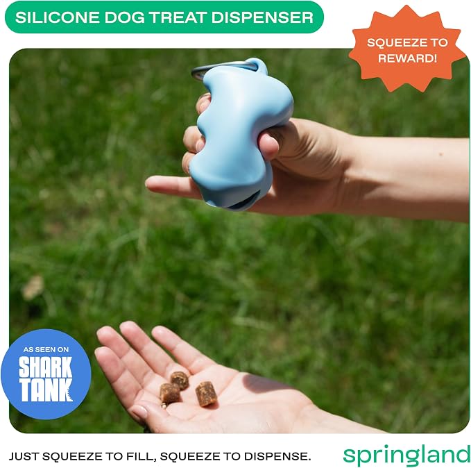 Springland Silicone Dog Training Treat Pouch for Leash, Sky Blue | One-hand squeeze dispenser, food-grade silicone, BPA-free, carabiner included, easy-fill holder for rewards on the go