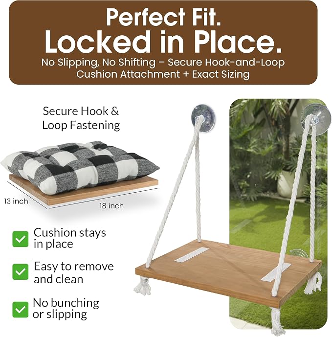 Cat Window Perch, Indoor Hammock Bed with Solid Pine Wood, 4 Industrial-Grade Suction Cups, Window Hammock with Soft Cushion for Cats, Space Saving Design