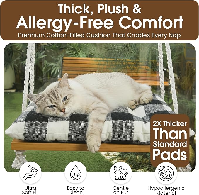 Cat Window Perch, Indoor Hammock Bed with Solid Pine Wood, 4 Industrial-Grade Suction Cups, Window Hammock with Soft Cushion for Cats, Space Saving Design