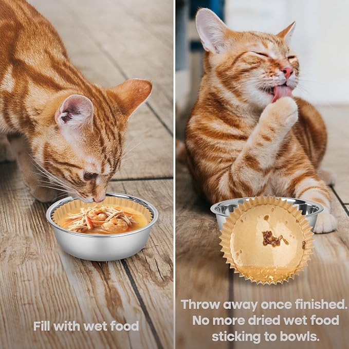Bulk Disposable Cat Bowls Set (300 Pcs Cat Food Bowl Liners + 2 Pcs Stainless Steel Pet Bowls) Small Paper Bowls for Puppies, Kittens, Small Dogs and Cats, Ideal for Dry and Wet Food (Khaki, Classic)