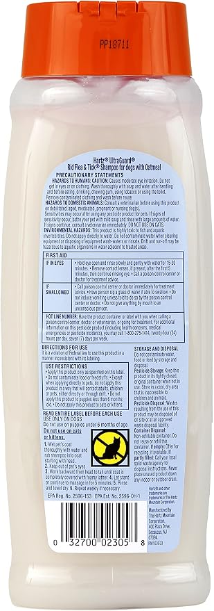 Hartz UltraGuard Rid Flea & Tick Oatmeal Dog Shampoo, 18 oz Bottle