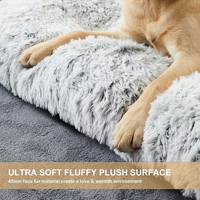 BFPETHOME Dog Bed for Large Dogs, Plush Kennel Pad for Sleeping &Ease Anxiety, Washable Mats with Anti-Slip Bottom - 48 x 28 inch, Grey