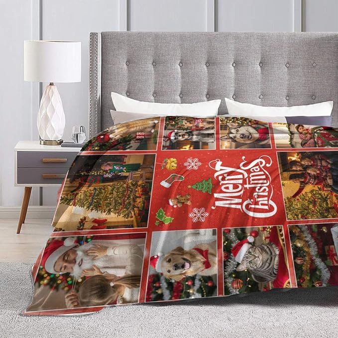Nxwdwqa Personalized Christmas Dog Blanket Throws with Photos, Custom Christmas Pet Blanket, Dog Gifts for Pet Lovers, Customized Puppy Blanket for Adult Kid Birthday Fathers Mothers Valentines Gift
