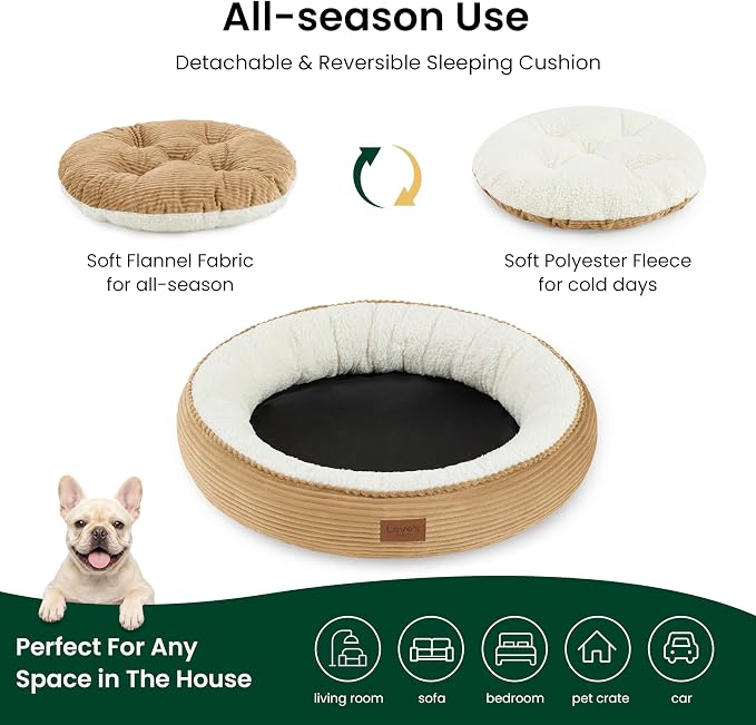 Love's cabin Round Donut Cat and Dog Cushion Bed, 30in Pet Bed for Medium or Large Dogs, Anti-Slip & Water-Resistant Bottom, Soft Durable Fabric Pet Beds, Washable Calming Cat Bed, Beige