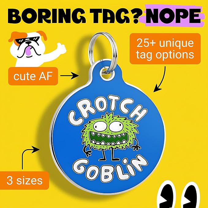 Bad Tags Personalized Dog and Cat ID Tags in 25+ Designs and 2 Sizes - 5 Lines of Custom Engraved Text - Funny Cute Personalized Pet Tags (Crotch Goblin, Large (1.25 inch))