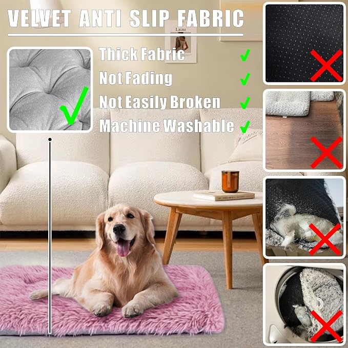 Machine Washable Dog Bed, Deluxe Plush Dog Crate Pad and Cat Bed, Anti-Slip Bottom Kennel Pad Mat, Fuzzy Pet Beds for Large, Medium, Small Dogs Breeds (Pink Mauve, 24.0"L x 18.0"W x 3.0"Th x 1 PACK)