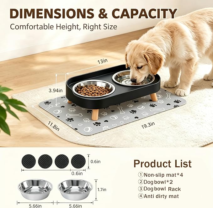 Elevated Dog Bowls with Mat, 2 Stainless Steel for Small Dogs Under 25 Lb | Raised Bowl Stand, Food & Water Set for Cats & Puppies, Splash Proof, Dishwasher Safe, Stain-Resistant Quick-Dry Mat