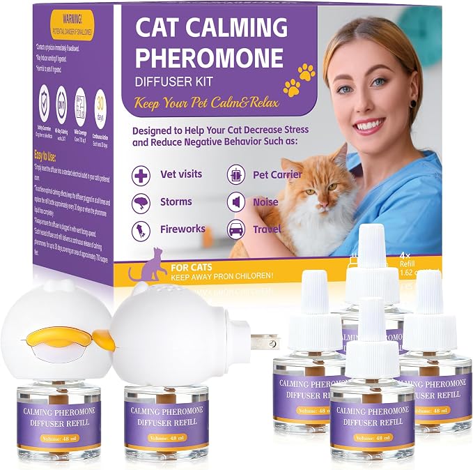 6-In-1 Advanced Cat Pheromone Calming Diffuser 120 Days (2 Plugs+4 Refills) | Relieve Anxiety, Help Reduce Fighting, Spraying & Scratching, Drug-Free & Odorless Safe Relaxation Solution