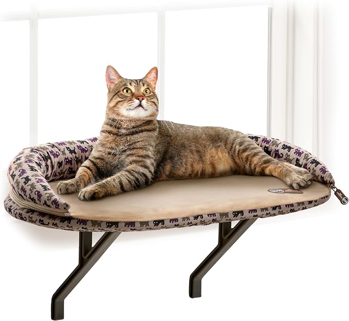 K&H Cat Window Perch, Deluxe Bolster Kitty Sill, 24x14in, Tan/Kitty Print | Cat Window Hammock Bed, Orthopedic Window Bed Holds 40 lbs, Washable Cover, Indoor Windowsill Furniture