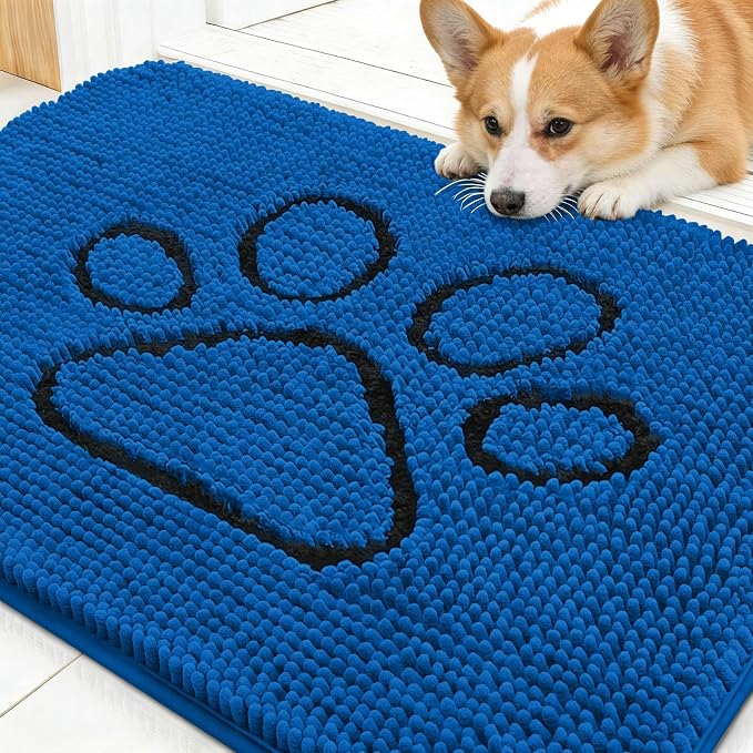 OLANLY Dog Door Mat for Muddy Paws 28x18, Paw Print Design Chenille Mud Mat | Deep Navy Blue, Absorbent, Traps Moisture and Dirt, Non-Slip Washable Doormat, Quick-Dry Indoor Entryway Carpet for Dogs