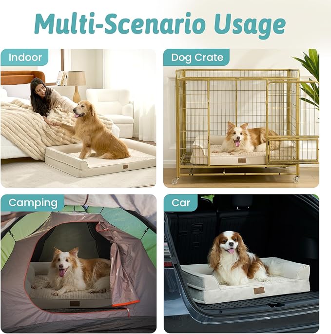 COZY KISS Dog Beds for Extra Large Dog, XXL Bolster Pet Couch with Waterproof Lining, Egg Crate Foam Sofa for Pets Up to 150 lbs, U-Shaped, 48x35x8 inch, Beige