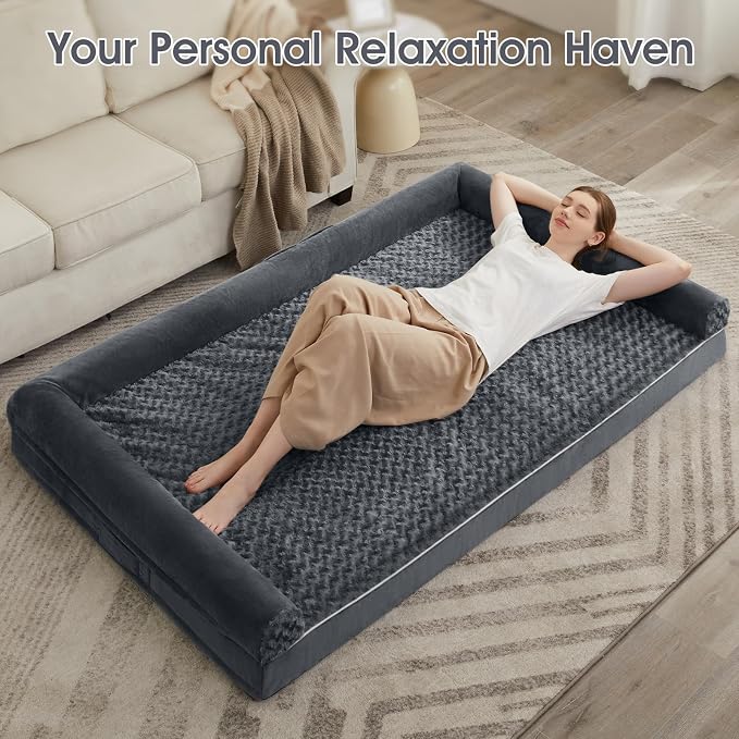 BFPETHOME Orthopedic Washable Human Dog Bed for Adult & Dog Cozy Sleep | Human Size Waterproof Big Soft Pet Couch Bed for Adult & Dogs Relax with Removable Cover Supportive Foam Dark Grey 61x43 Inch