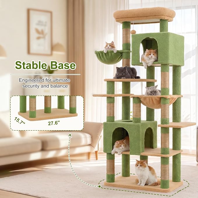 Heybly Cat Tree, 76-Inch Tall Heavy Duty Cat Tower for Big Cats HCT039GY | Multi-Level Large Cat Furniture with Extra Wide Baseboard, 2 Condos & 2 Hammocks, 10 Scratching Posts, Green and Yellow