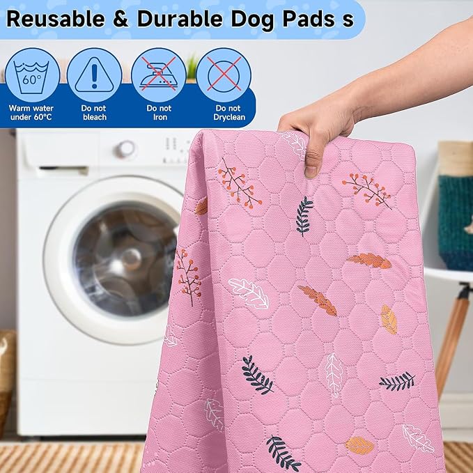 Sunheir Washable Pee Pads for Dogs Large 24" x 72" 2-Pack Reusable Puppy Pads Pet Training Pads, Absorb Dog Mats, Whelping Pad, Non-Slip Protects Against Urine Leakage, Runner Rug (Leaves - Pink)