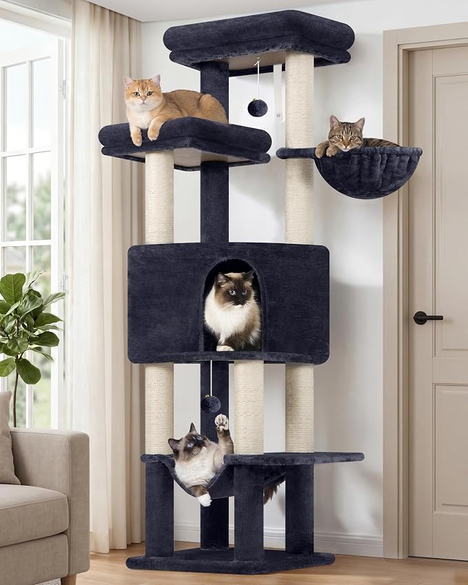 Globlazer F65D Corner Cat Tree Tower with Scratching Posts, Dark Grey | 65in Multi-Level Large Cat Scratching Tower with Hammock, 6 Scratching Posts, Basket and 2 Perches for Indoor Multiple Cats