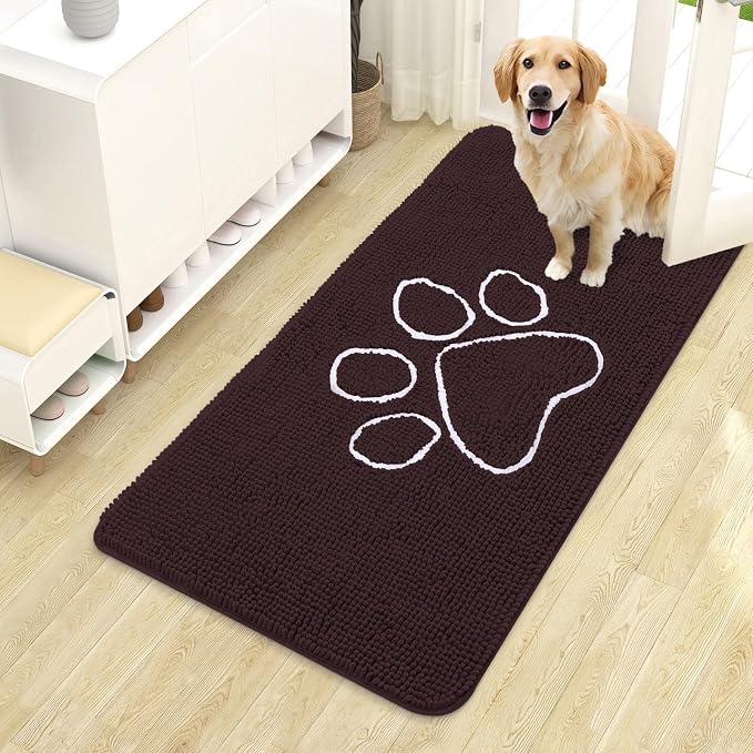 OLANLY Dog Door Mat for Muddy Paws 44x24, Paw Print Design Chenille Mud Mat | Brown, Absorbent, Traps Moisture and Dirt, Non-Slip Washable Doormat, Quick-Drying Indoor Entryway Floor Carpet for Dogs