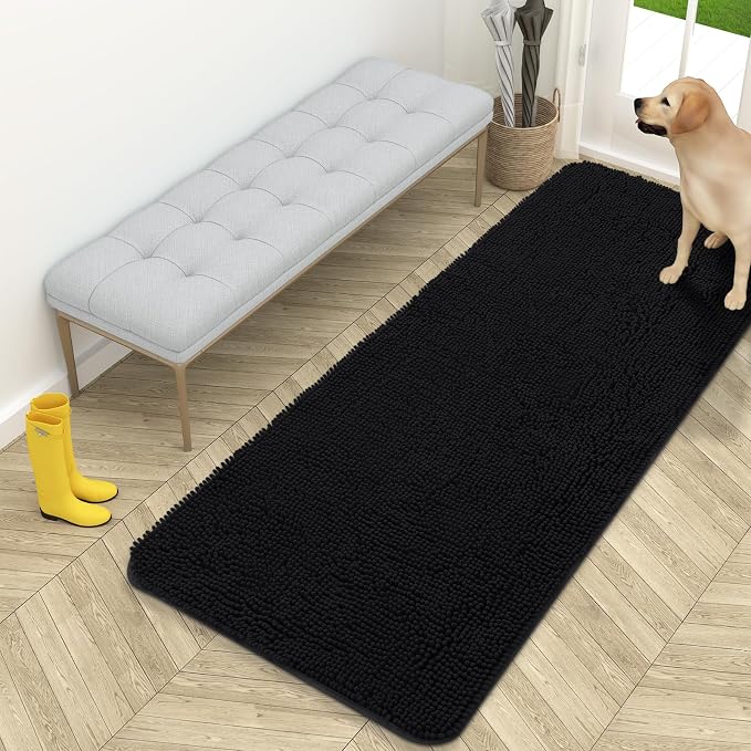 OLANLY Dog Door Mat for Muddy Paws 59x24, Super Absorbent Chenille Mud Mat | Black, Absorbs Moisture and Dirt, Non-Slip Machine Washable Doormat, Quick-Drying Indoor Entryway Floor Carpet for Dogs