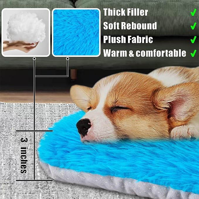 Machine Washable Dog Bed, Deluxe Plush Dog Crate Pad and Cat Bed, Anti-Slip Bottom Kennel Pad Mat, Fuzzy Pet Beds for Large, Medium, Small Dogs Breeds (Azure Blue, 24.0"L x 18.0"W x 3.0"Th x 1 PACK)