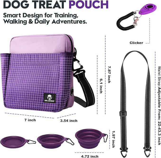 Dog Treat Pouch for Training, Magnetic Dog Walking Bag and Fanny Pack | Large treat pocket with poop bag dispenser, clicker and bowl; hands-free for dog training, walks, park trips and travel