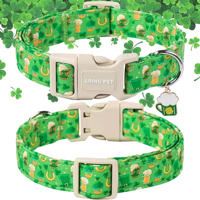 ARING PET St Patrick's Day Dog Collar, Cute Green Lucky Clovers Adjustable Shamrock Pet Collars Trefoil Puppy Collar Gifts with Quick Release Buckle for Girl&Boy Dogs-L