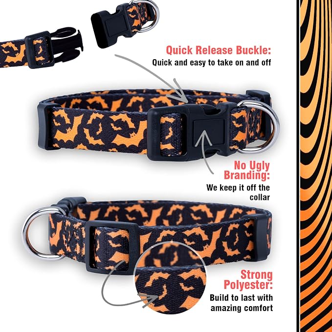 Native Pup Halloween Dog Collar- Spooky Fall Themed Horror Costume Collars- Skull, Pumpkin, Ghost, Bat, Witch, Candy Corn, Spider- Adjustable for Small, Medium, Large Breeds (Large, Orange Bats)